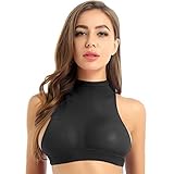 Alvivi Damen Crop Top Durchsichtig Rollkragen Oberteile Bauchfrei Tank Tops Weste Sport BH Dessous Unterwäsche Schwarz Einheitsgröße