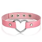 JewelryWe Schmuck Damen Choker Halsband Halskette, Leder Legierung 33-40cm Erstellbare Punk Lolita Herz Collier Kette, Rosa Silber