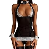 HOTSO Sexy Maid Kostüm, Transparent Französisch Dienstmädchen Cospaly Kleid Spitze Damen French Outfit Dessous Stilvolle Fantasy Rollenspiel Fancy Lace Dress Valentinstag Flitterwochen