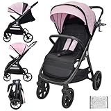 Twinly Leichter Kinderwagen, bis zu 22 kg, faltbar, Spacely, sehr groß und bequem, Babywagen mit einfachem Zusammenklappen, XXL-Verdeck, UPF-50 Regenstoff, Liegekinderwagen (Rosa)