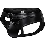Herren Jockstrap Slip Leder Optik Farbe Schwarz, Wetlook sexy Unterwäsche, Dessous Erotik Reizwäsche für Männer, Gay Gogo Club und Swinger Kleidung Jockstraps Slips Bequeme Herren String Tanga (L/XL)