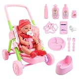 deAO Baby Puppe Kinderwagen - faltbar Kinderwagen Geschenk Spielzeug Cartoon Puppe mit Zubehör Spielen Spielzeug Geschenk für Jungen und Mädchen