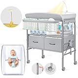 Orzbow Tragbarkeit Baby Wickelkommode mit Schubladen und Nachtlicht, Höhenverstellbare Mobiler Baby Wickeltisch Klappbar mit Sicherheitsgurt, Geräumiger Stauraum Baby Changing Table, Grau