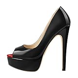 MissHeel Damen Peeptoes Plateau Pumps Elegante Stiletto High Heels für Büro Party Kleid Lack Optik Schwarz 42 EU