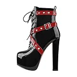 blingqueen Damen Fashion Schuhe Plateau Stiefeletten Blockabsatz Schnürboots Zweifarbig Lack Schwarz Rot 39 EU