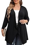 TIANZHU Strickjacke Für Frauen Leichte Offene Drapierung Vorne 3/4 Ärmel Elegante Strickjacke Herbst Schwarz Schiere Plus Size Strickjacke 3XL Schwarz