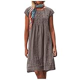 Kleid mit Hose drunter Tunika Kleid Damen Crossdresser Kleid Einfarbig Gefaltet Kurze Ärmel Rundhals Midikleid Bohemien Knielang Freizeitkleid Boho Kleidung Damen (Braun, M)