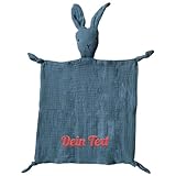 Personalisierte Schmusetuch mit Namen bestickt - für Baby - Kuscheltuch aus weichem Musselin mit Hase-Köpfchen - ideal als Geschenk zur Geburt - 28x28cm (Blau)