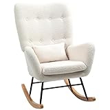 HOMCOM Schaukelstuhl, Stillsessel mit Teddystoff-Optik, Armlehne, Relaxsessel mit Lendenkissen, Holzkufen, Schwingsessel Schaukelsessel für Schlafzimmer Wohnzimmer, Cremeweiß