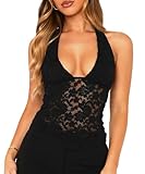 Navneet Neckholder Top Damen Spitzentop Lace Sexy Bauchfreies Oberteil Ärmellos Babydoll Y2k Sommer Tops Schwarz L