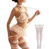 Damen Sexy Cosplay Dessous Set Rüschen Baby Puppe Teddy Outfit BH ein Höschen Nachthemd mit Choker, Weiss/opulenter Garten, Einheitsgröße