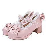 LUXMAX Frauen Kawaii Mid Block Heel Mary Jane Rockabilly Pumps mit Schleife Plateau Chunky Heel Cute Sweet Shoes, Pink, 44 EU