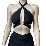 HTTOAR Frauen Sexy Neckholder Criss Cross Wrap Weste Cut Out Ärmellos Einfarbig Crop Tops Tank Top Verschiedene Tragemethoden mit Metallring (Medium, Schwarz)