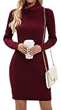 Imuedaen Strickkleid Damen Rollkragen Elegant Langarm Tunika Pullikleid Lang Strickpullover Minikleid Pullover für Herbst Winter (A Burgund, L)