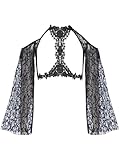 Vxuxlje Damen Gothic Lolita Spitze Shrug Durchsichtig Crop Top Vintage Schulterfrei Bolero mit Trompetenärmel Offenes Oberteile Unterwäsche Reizwäsche Schwarz S