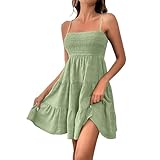 YEBIRAL Sommerkleid Damen Kuerz Sexy Spaghettiträger Freizeitkleid Sommer Leichte Strandkleid Lässig Ärmellos Minikleid Hohe Taille Mini Dress A-Linie Kleid Einfarbig Swing Kleider