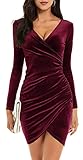 Yutdeng Kleider Damen Elegant Partykleid Samt V Ausschnitt Langarm Minikleid Cocktailkleid Abendkleid Bodycon Kleid mit Schlitz Kleider Eng Festlich Winterkleid, Rot, M