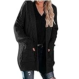 Strickjacke Damen Grobstrick Cardigan - Sweater Winter Gehrock Long Kapuzenpullover Elegant Strickmantel Lang Langarm Casual Mit Taschen Jacke Strickjacken Vorne Offen Schwarz