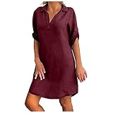 HHMY Blusenkleid Damen Sommer Knielang - Sommerkleid Midi Kurzarm Freizeitkleid V-Ausschnitt Midikleid Hemdkleid Revers Elegant Hemd Shirt Dress Longbluse Bluse Lang Tops Hemdblusenkleid, Rot, L