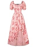 Damen Vintage Blumenkleider Rüschen Saum Puffärmel A-Linie Midi Casual Corsagenkleid Rosa Rot XL