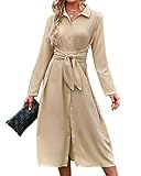 BebreezChic Damen Lange Kleider Langarm V-Ausschnitt Knöpfen Schnür Blusenkleider Partykleider Cocktailkleid mit Gürtel, Beige L