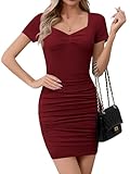 Missufe Damen Cocktailkleid Bodycon Partykleid Herzausschnitt Kurzarm Vintage Kurzes Kleider (Burgunderrot, Mittel)