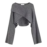 Damen Unregelmäßiger Kurzer Strickpullover Solide Langarm Verdickte Strickpullover, Graues Oberteil, M