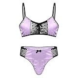 iiniim Herren Sissy Dessous Männer Unterwäsche Set Satin BH Tops + Sissy Panties Höschen Crossdresser Dessous Unterwäsche Reizwäsche Nachtwäsche Lila XL