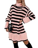 Imily Bela Damen Strickkleid Gestreift Rollkragen Pulloverkleid Langarm Elegant Kleid Winter Knielang Locker(Rosa,S)