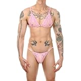 XGOPTS Sissy Dessous Männer Spitze Dessous Set mit BH Tops Mesh Sissy Outfit Set Sexy Niedrige Unterwäsche Schlafzimmer Rollenspiel Nachtwäsche