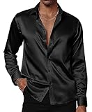 PJ PAUL JONES Herren Glänzende Satin Kleid Shirts Langarm Button Down Seide Hemd mit Fliege, Schwarz, L