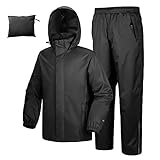 33,000ft Herren Damen Regenanzug Reflektierender Wasserdichter Regenkombi Packbare Winddichte Regenjacke+Regenhose mit Innennetz Regenkleidung für Fischen Wandern Camping, Schwarz XL