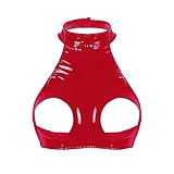 Damen Wetlook Leder Ouvert Dessous Set Neckholder Hebe BH Offene Nippel Brüste Sexy Crotchless G-String Offener Schritt Slip Reizwäsche Erotisch