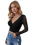 SOLY HUX Damen Bauchfreies Top Mesh Ärmeln Crop Tops Tiefer V-Ausschnitt Oberteil Netz Shirts mit Wickeln Schwarz S