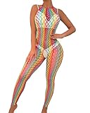 Mingnos Sexy Bunte Regenbogen Bodystocking Ouvert für Damen Fischnetz Catsuit Hohle Jumpsuit Rave Outfit Ärmellos Dessous, Regenbogen
