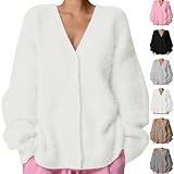 Generisch Kurze Strickjacke Damen, Elegante Langarm Leicht Plüsch Cardigan Cropped Strick Fleece Jacke Winter Flauschiger V-Ausschnitt Strickpullover Sweater Winterjacke, Long Cardigan Damen
