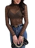 BemorRun Langärmeliges Spitzenoberteil für Damen, Stehkragen, Netz-Top, durchsichtig, tailliertes Layering-Oberteil, Braun, Mittel