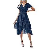 Kleid Hochzeit gast Sommerkleid Damen lang Crossdresser Kleid Einfarbig Rüschen V-Ausschnitt Kurze Ärmel Chiffon Kleid Swiss Dot Kleid mit Gürtel Sommer Locker Patchwork Mehrlagiges Kleid (Marine, L)