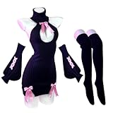 KORURACLUB Schleifenpullover Kostüm (3-teiliges Set) Schwarzer Premium Pullover Cosplay Dessous Schleifenpullover Succubus Dessous(S-M)