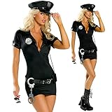 VKFOFEG Polizei Kostüm Damen mit Hut und Handschellen, Polizistin Uniform für Damen Schwarz, Sexy Polizei Kostüm Cosplay Uniform Outfits Faschingskostüm Polizistin (L)