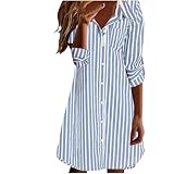 Dyhxuan Hemdblusenkleid Damen Langarm Gestreiftem Hemdkleid Knielang Revers Blusenkleid Sommerkleid Leicht Shirtkleid Streifen Freizeitkleider Sommer Autumn Tunikakleid