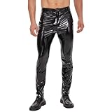 xokesy Herren Glänzende Lederhose, Sexy Hosenschritt mit Reißverschluss, Wetlook PU-Leder, gerade Lässige Lederhose für Herren für Kostüm Cosplay Nachtclub Schwarz