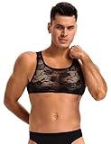 ohmydear Herren Unterhemden Spitze Tank Tops Netzshirt Ärmelloses Netzhemd Transparent Crop Top Bauchfrei Sexy Sissy Dessous Männer Netzoberteil Unterwäsche für Nachtclubs, Partys Schwarz L