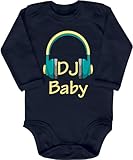 Blauer-Storch Baby Body in Dunkelblau DJ Baby, Kopfhörer Geschenk für das Musikbegeisterte Kleinkind zur Geburt Langarm Bio Baumwolle