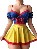 Cosplay-Dessous für Damen, sexy Rollenspiel-Kostüme, Prinzessinnen-Outfits mit Krawatte Crop Top und Mini-Faltenrock, Sets 5-teilig, Blaues Oberteil und gelbes Kleid, XXL