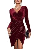 Zeagoo Damen Festlich Kleid Langarm Elegant Abendkleid kurz Samtkleid Bodycon Partykleid Sexy Hoch Taille Cocktailkleid Weinrot XXL