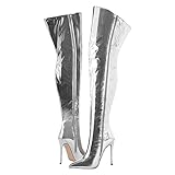 blingqueen Overknee Stiefel Damen Stiletto Lack Boots Metallic Silber 45 EU