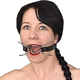 Honeylust - Fetisch Kunstleder Mundknebel mit Metall-Ring und Stachel - abschließbar Mouth Gag mit Spinne - Bondage BDSM Mundspreizer für einen weit geöffneten Mund