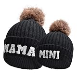 Kunyeah 2PCS Eltern-Kind Beanie Mütze Frauen Stickerei gestrickt Hut Mama und Baby Matching Hüte Winter Warm Cap mit Pom-Pom (DE/NL/SE/PL, Alphanumerisch, Einheitsgröße, Schwarz)