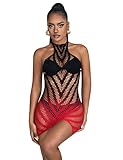 comeondear Sexy Kleider Damen Mesh Outfit Fischnetz Weihnachten Minikleid Neckholder Partykleid Kurz Clubwear Tie Dye Bodycon Dessous Große Größen Reizwäsche Schwarz/Rot L-XXL/42-46